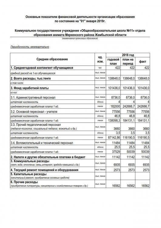 Основные показатели финансовой деятельности организации образования по состоянию на "01" января 2019г.