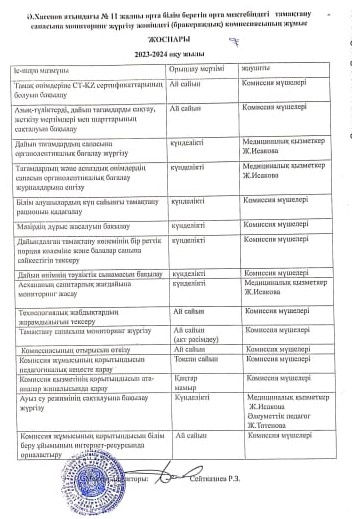 Тамақтану сапасына мониторинг жүргізу жөніндегі  (бракераждық)комиссиясының 2023-2024оқу жылының жылдық жоспары