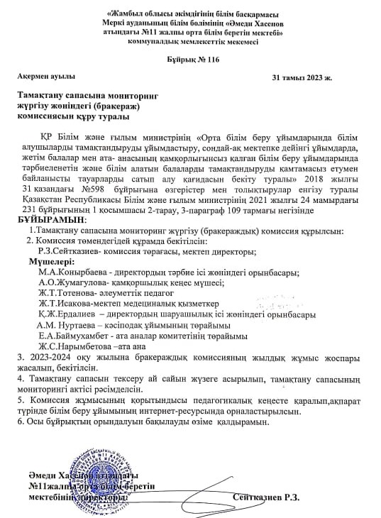 Тамақтану сапасына мониторинг жүргізу жөніндегі (бракераждық)комиссиясын құру