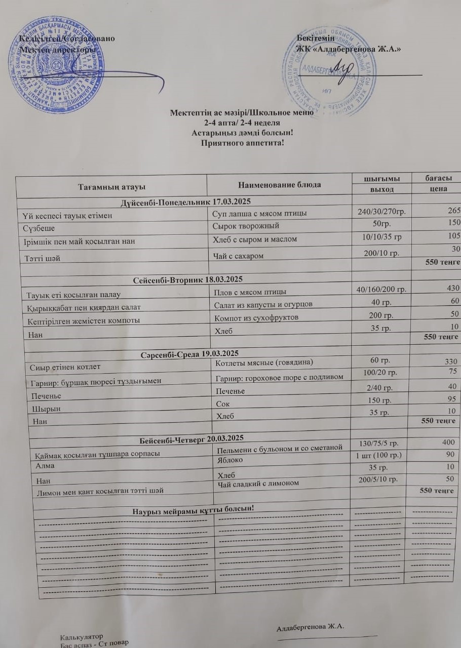 Апталық ас мәзірі